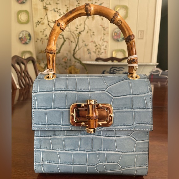 German Fuentes croc embossed leather bamboo handle bag - Picture 1 of 7